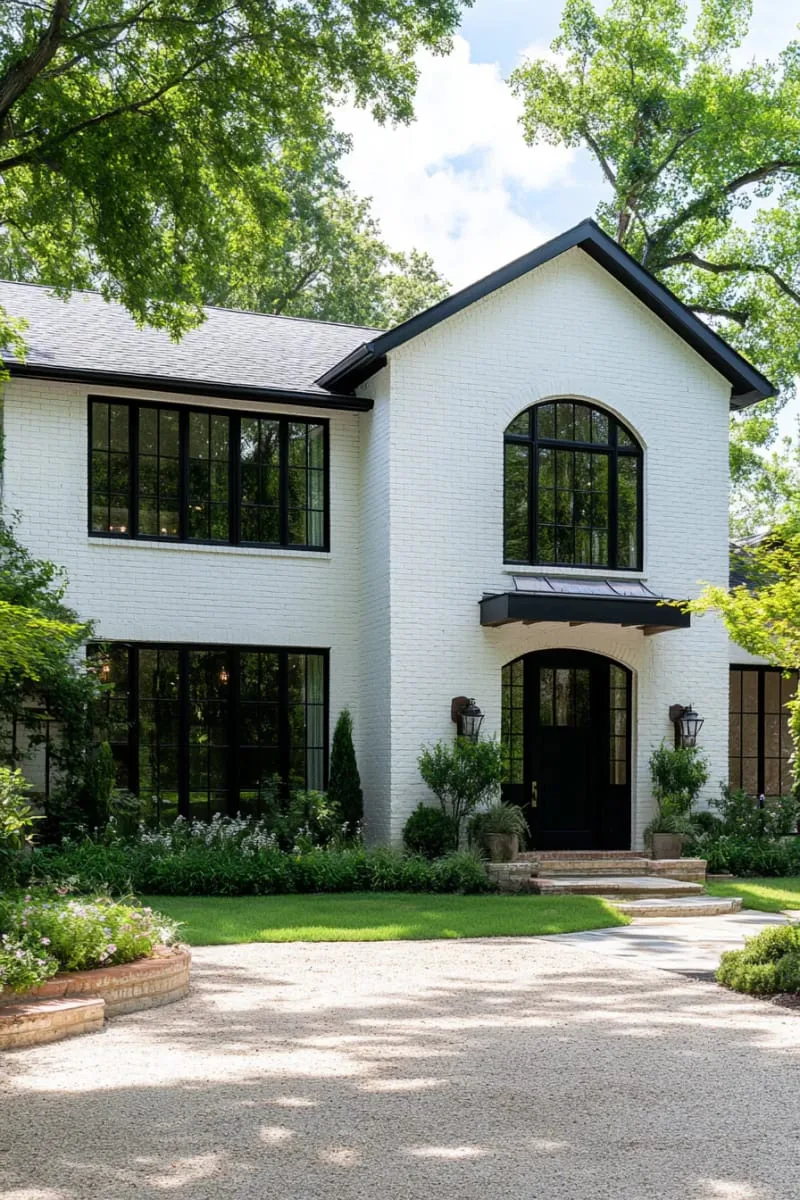 19 Ranch Style Home Exteriors to Inspire Your Next Makeover 16 dramatic black window frames paired with whitewashed brick ranch facade 1