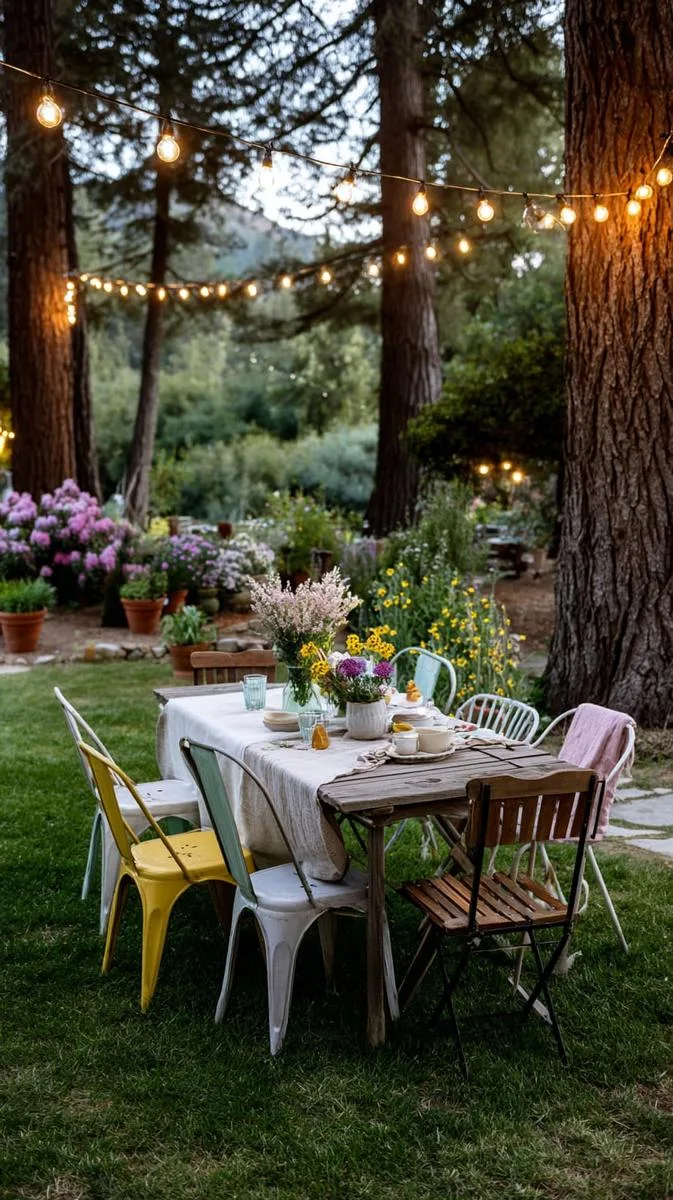 eclectic outdoor dining area using mismatched vintage furniture 1