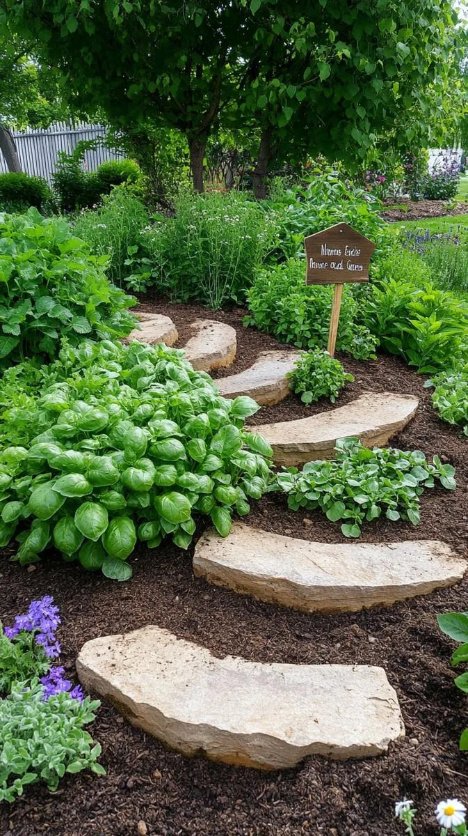 edible herb spiral garden with stepping stones and rustic signage 1