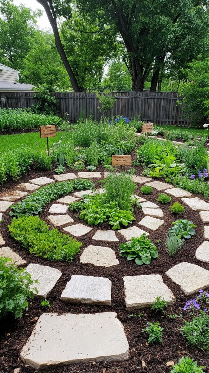 edible herb spiral garden with stepping stones and rustic signage 1