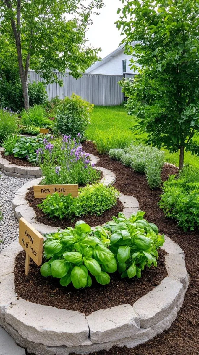 edible herb spiral garden with stepping stones and rustic signage 1