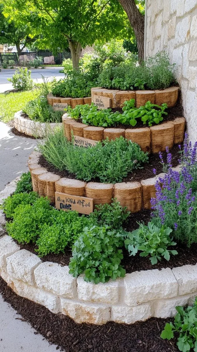 edible herb spiral garden with stepping stones and rustic signage 1