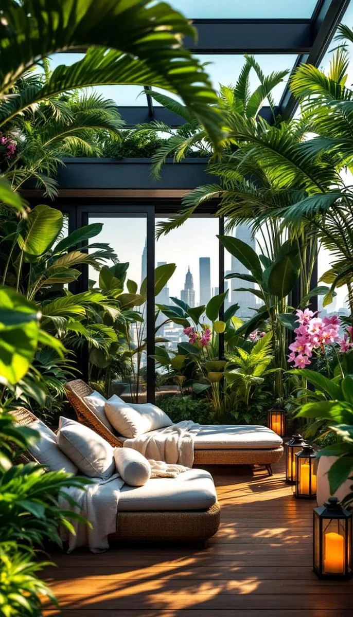 enclosed winter garden with sliding glass walls and tropical plants 1