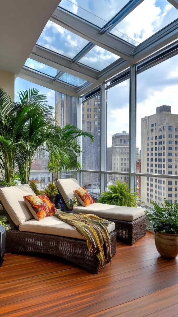 enclosed winter garden with sliding glass walls and tropical plants 1