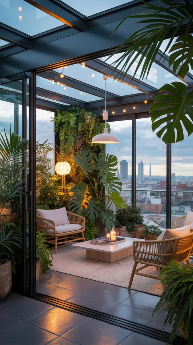 enclosed winter garden with sliding glass walls and tropical plants 1