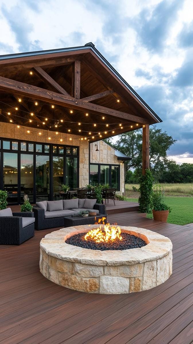 expansive outdoor living deck with built-in fire pit and pergola 1