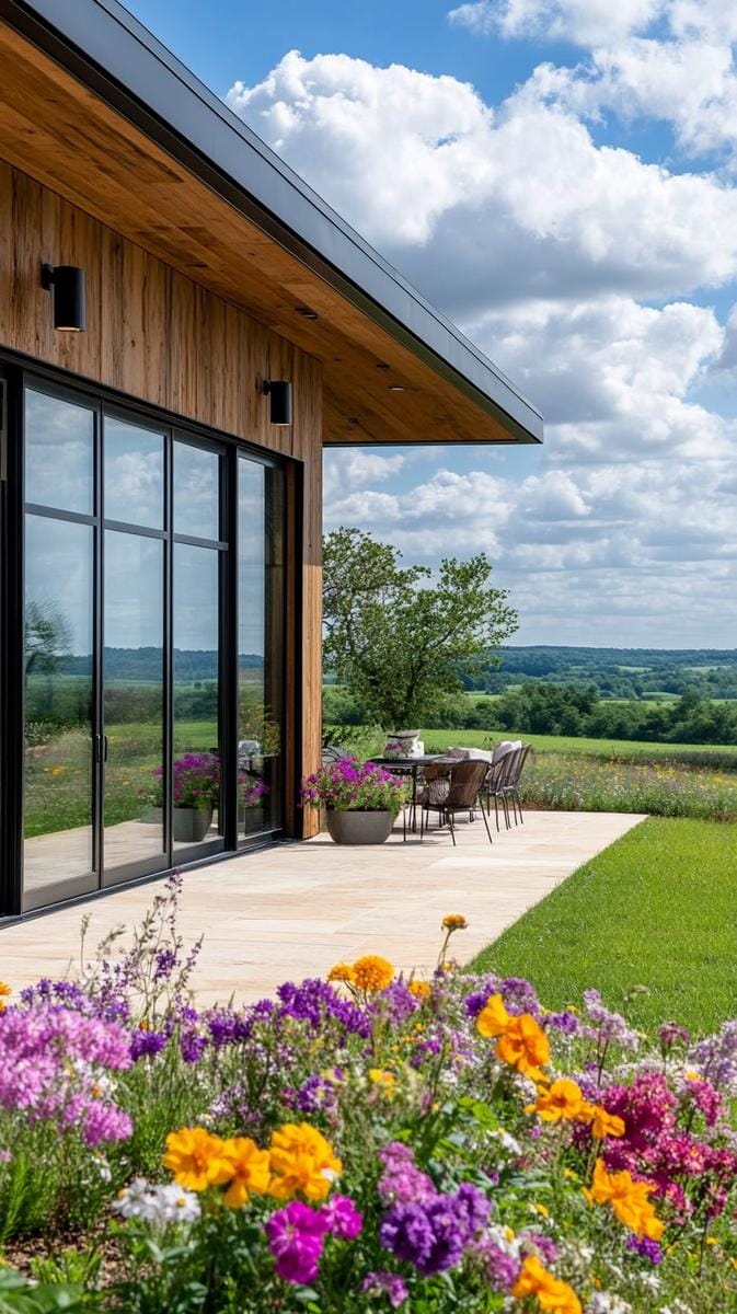 expansive sliding glass walls opening to a wildflower meadow 1