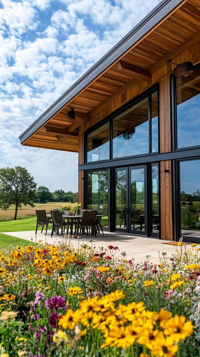 expansive sliding glass walls opening to a wildflower meadow 1
