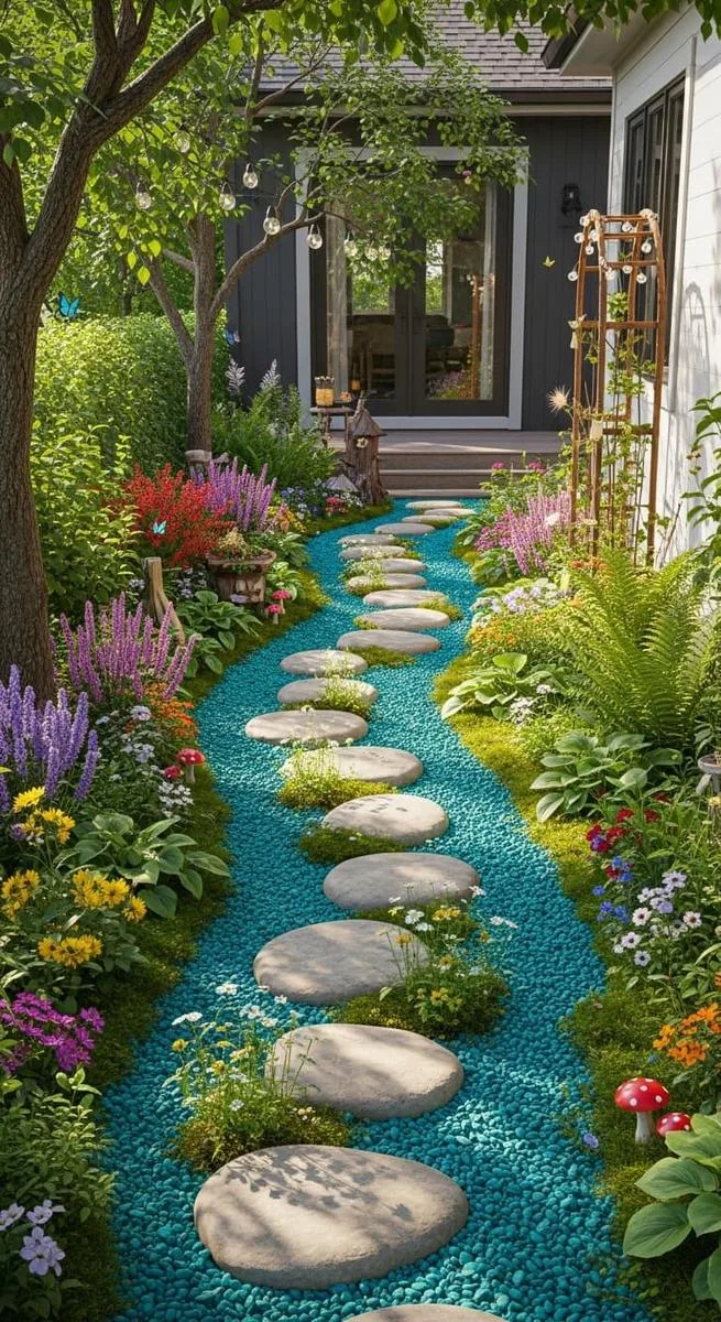 fairy-tale stepping stone path winding through lush garden beds 1