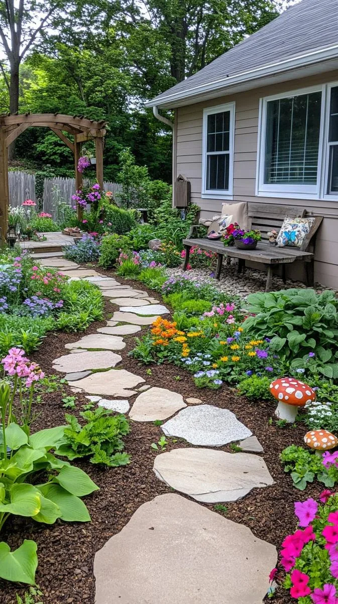 fairy-tale stepping stone path winding through lush garden beds 1