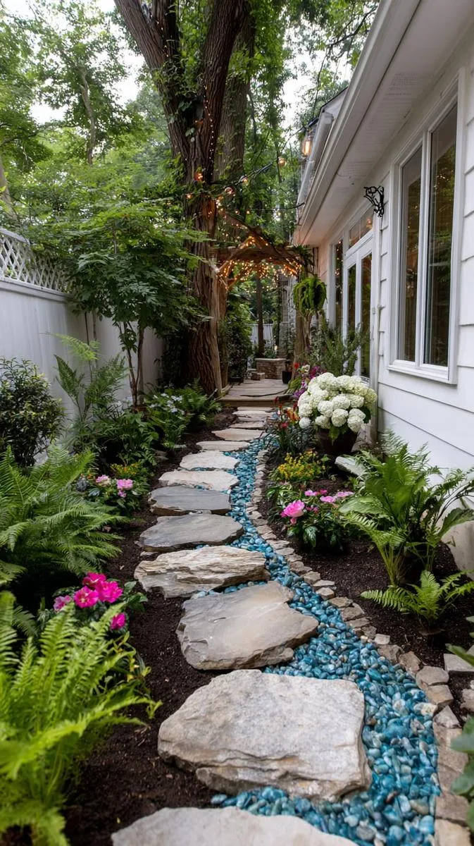 fairy-tale stepping stone path winding through lush garden beds 1
