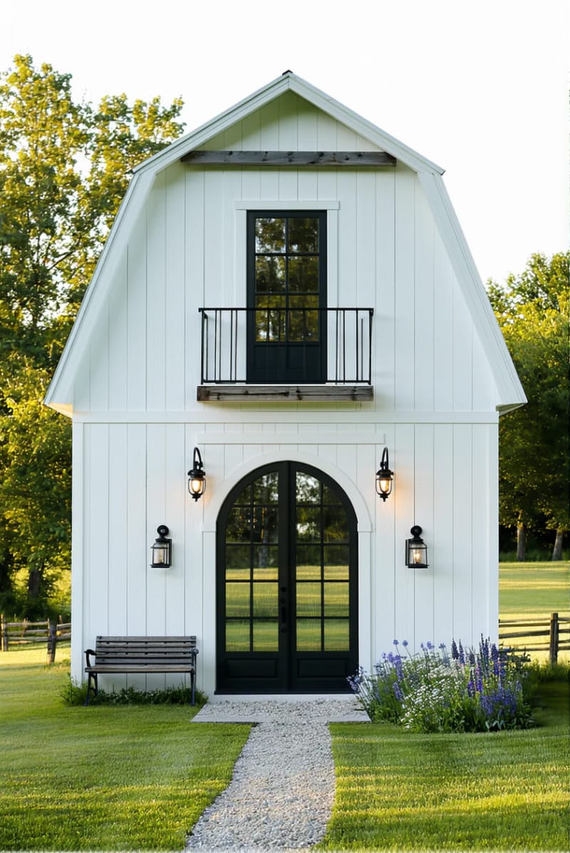 21 Small Barn House Designs with Modern Rustic Charm 62 farmhouse barn hybrid with tall entry and railing 1