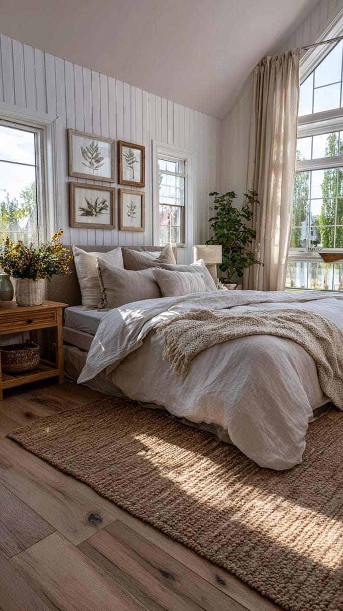 farmhouse bedroom styled with light linen bedding and botanical prints 38