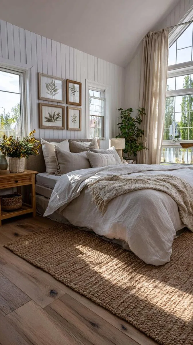 27 Dreamy Farmhouse Summer Decor Inspirations to Refresh Your Space 39 farmhouse bedroom styled with light linen bedding and botanical prints 1