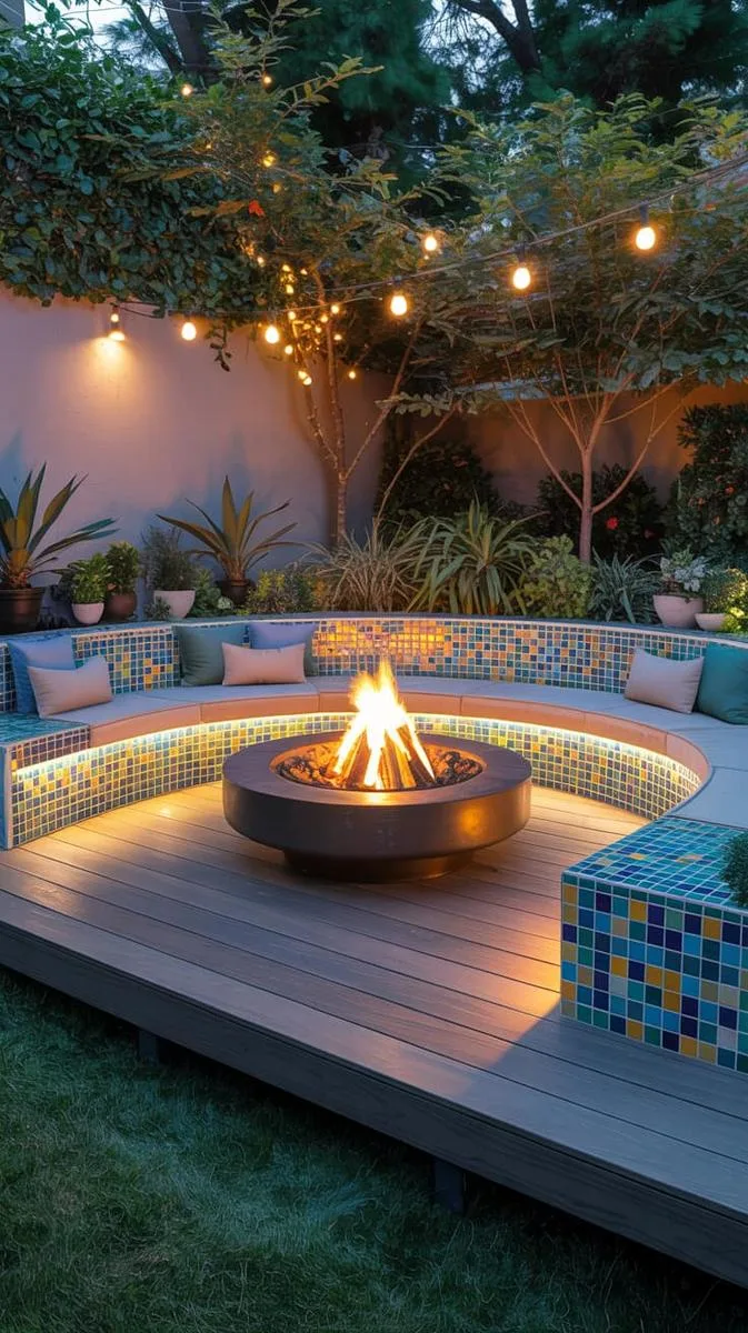 floating deck with sunken fire pit and mosaic tile seating 1