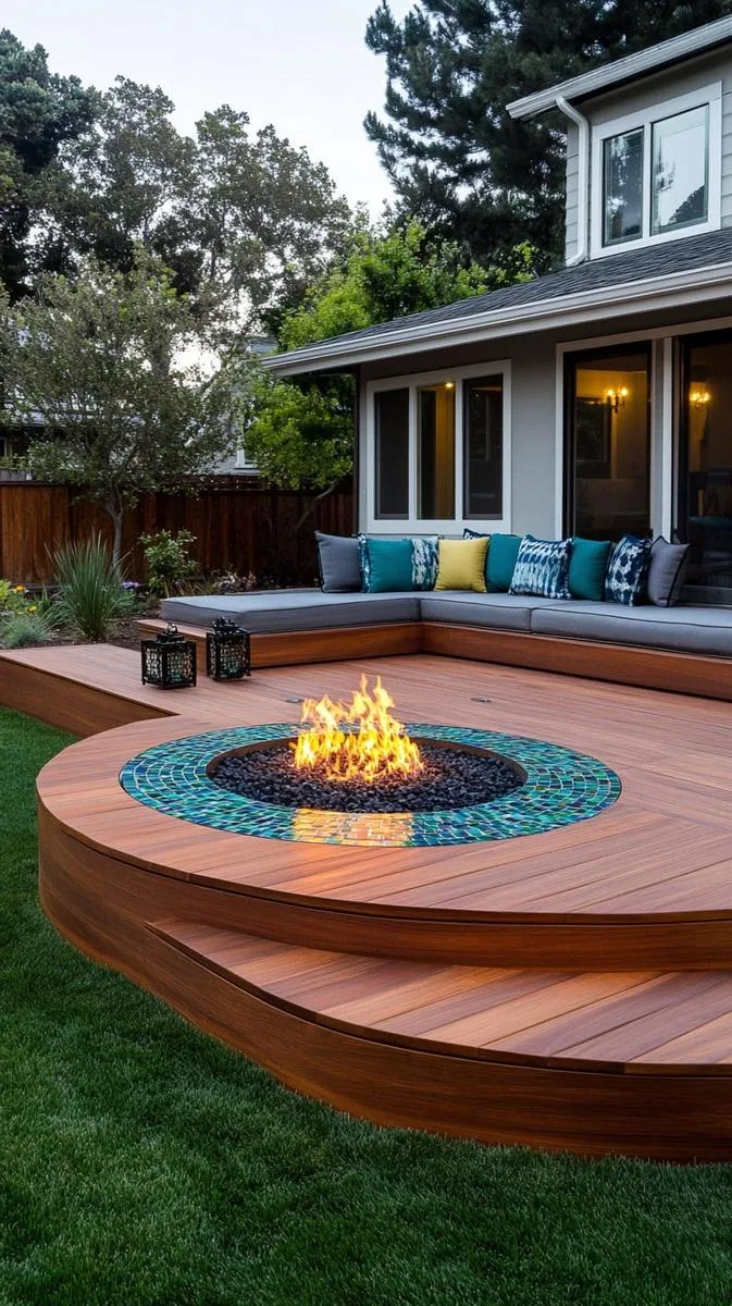 floating deck with sunken fire pit and mosaic tile seating 1