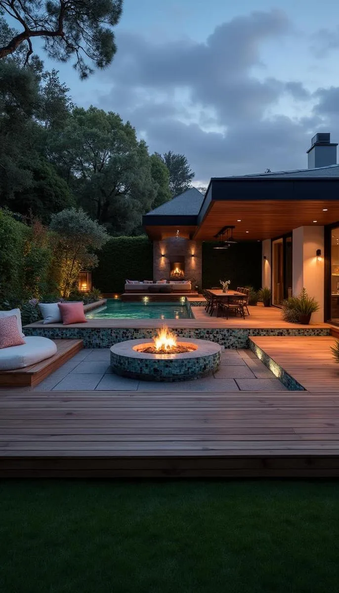 floating deck with sunken fire pit and mosaic tile seating 1