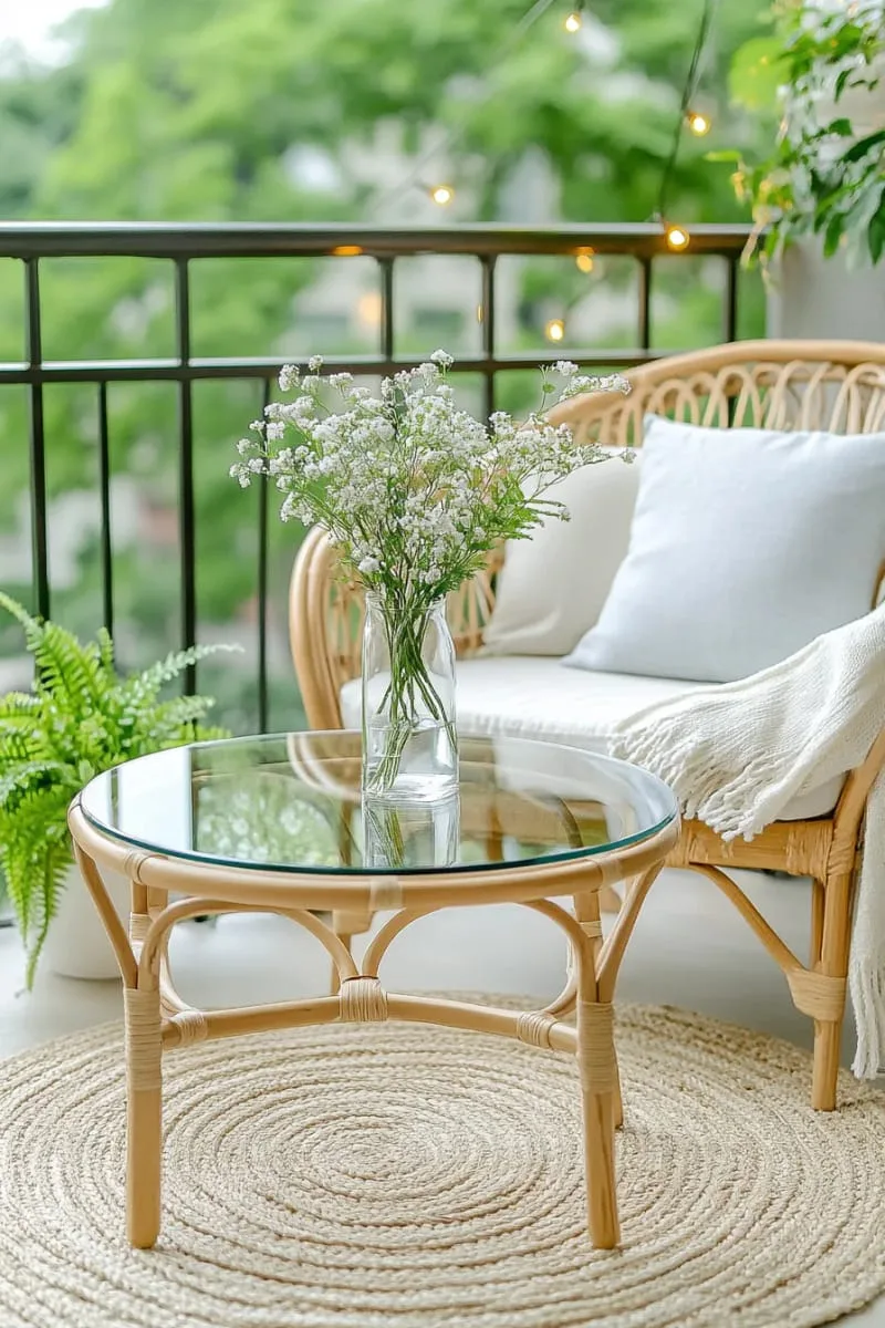 floating glass coffee table with a vase of fresh-cut wildflowers 1
