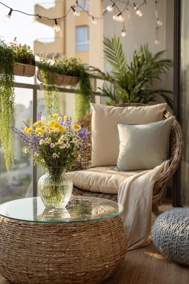 floating glass coffee table with a vase of fresh-cut wildflowers 1