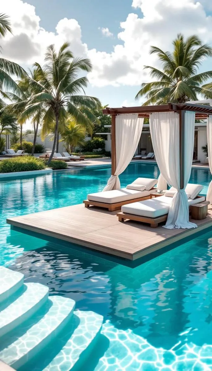 floating pergola platform in the middle of the pool for sunbathing 1 floating pergola platform in the middle of the pool for sunbathing 1