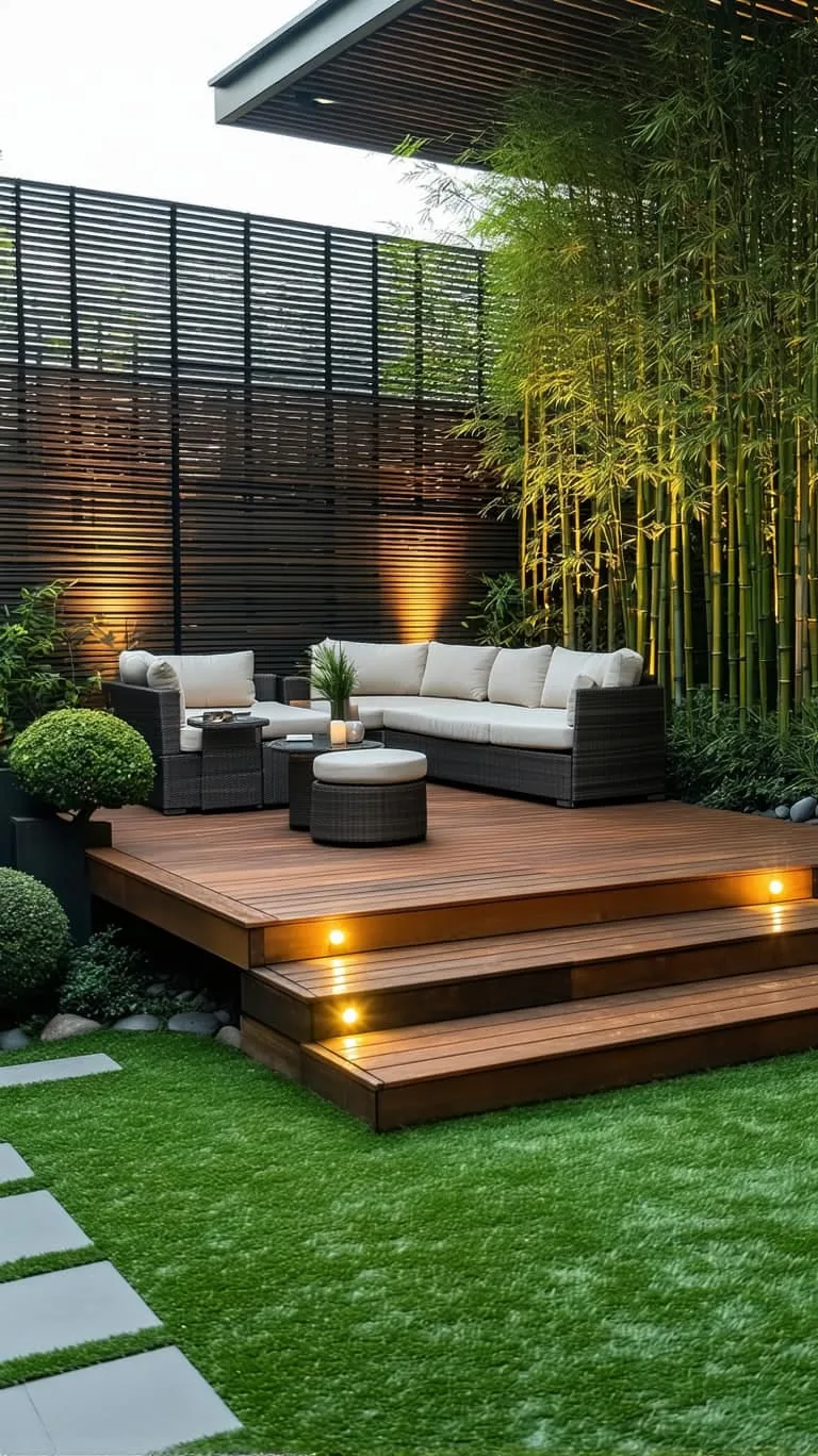 floating wooden deck with integrated led step lighting 1
