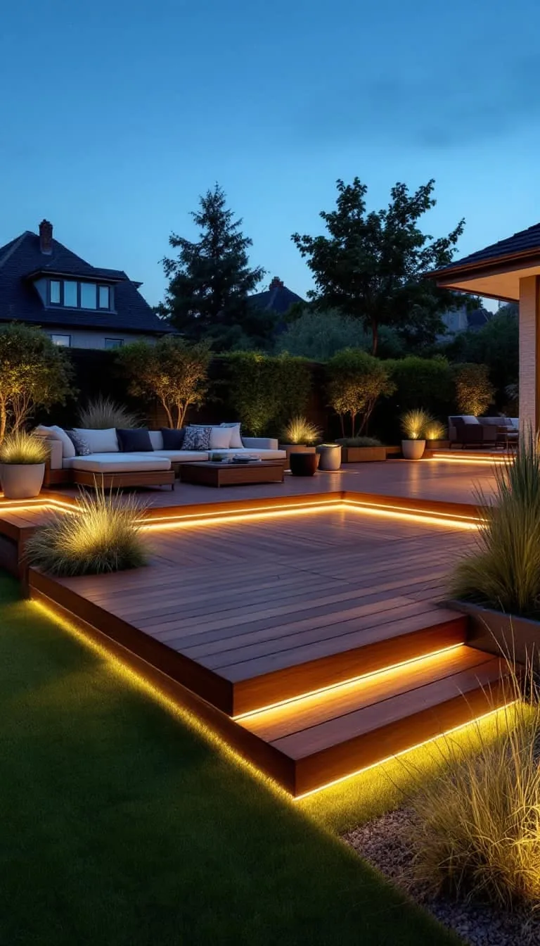 floating wooden deck with integrated led step lighting 1