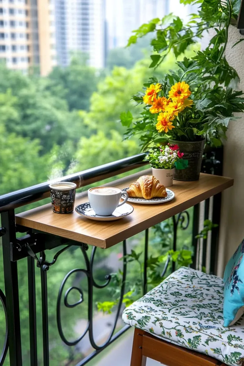 fold-down bistro table attached to the railing for morning coffee 1