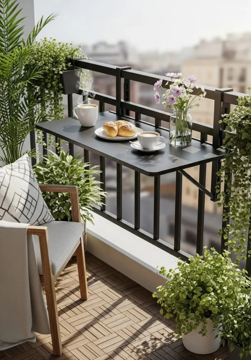fold-down bistro table attached to the railing for morning coffee 1