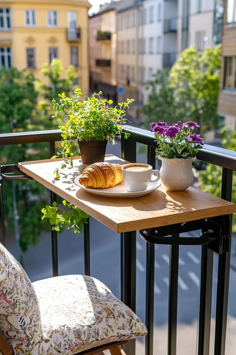fold-down bistro table attached to the railing for morning coffee 1