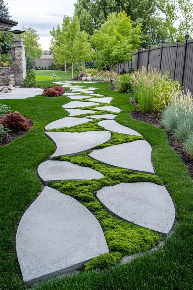 15 Unique Concrete Backyard Ideas for Creative Outdoor Style 3 geometric concrete stepping stones with moss-filled joints for a modern garden walkway 1