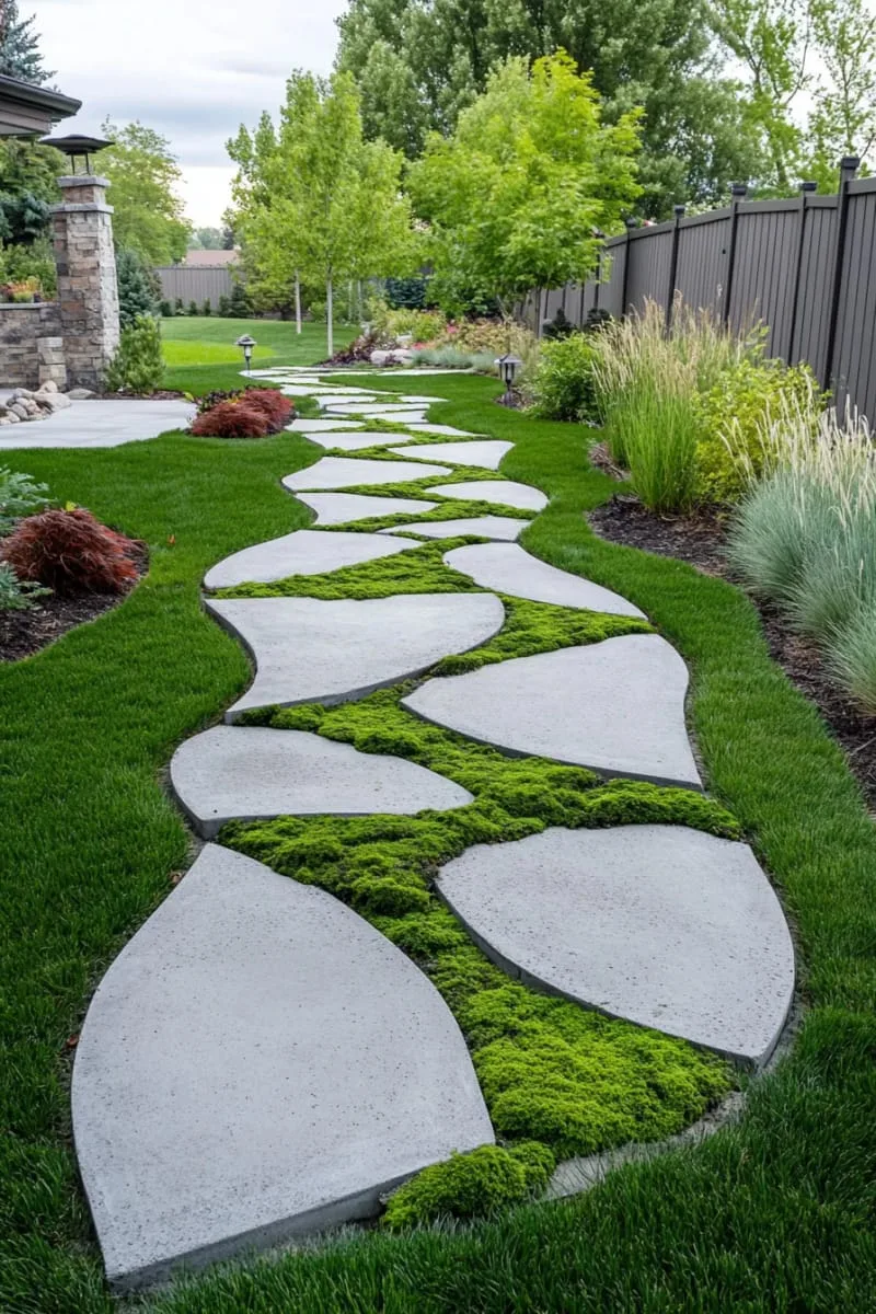 15 Unique Concrete Backyard Ideas for Creative Outdoor Style 2 geometric concrete stepping stones with moss-filled joints for a modern garden walkway 1