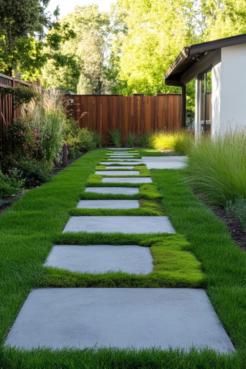 15 Unique Concrete Backyard Ideas for Creative Outdoor Style 4 geometric concrete stepping stones with moss-filled joints for a modern garden walkway 1