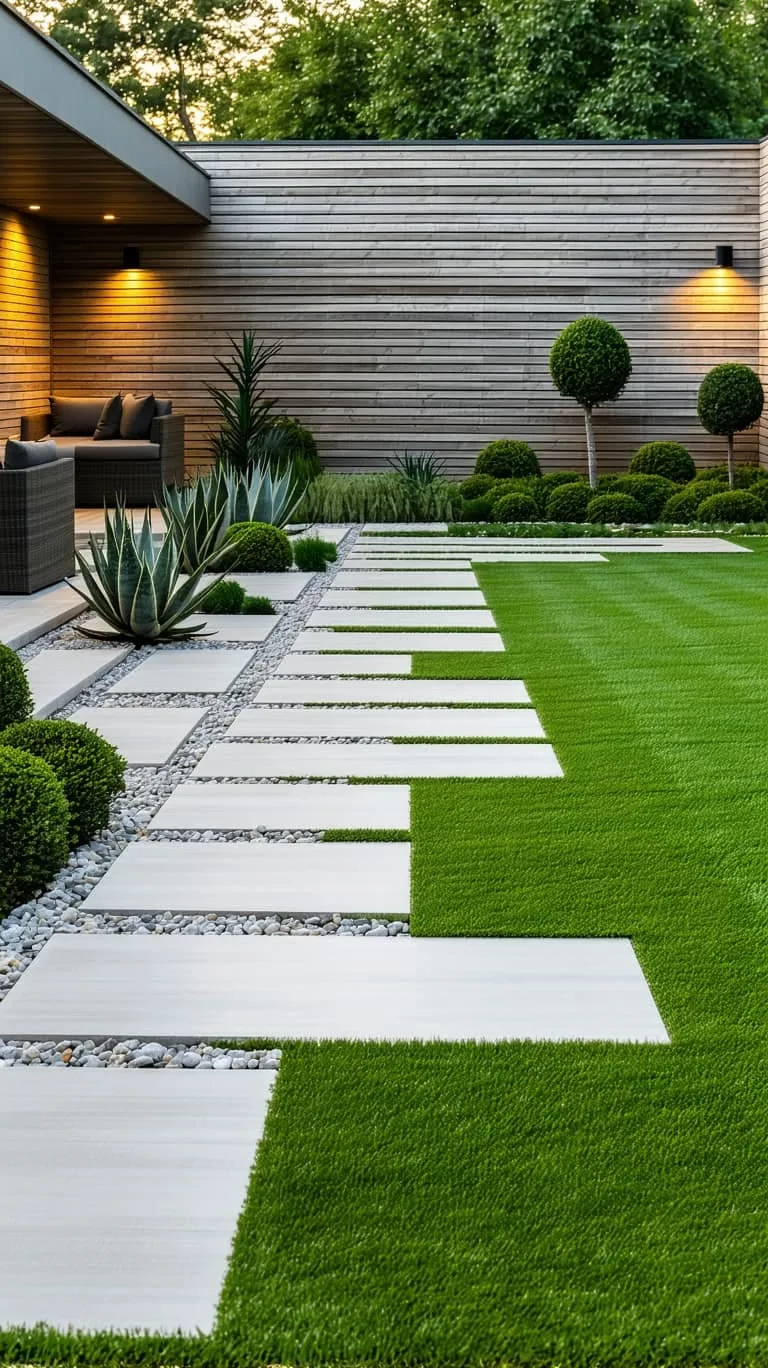 geometric gravel pathways with oversized pavers and sculptural plants 1
