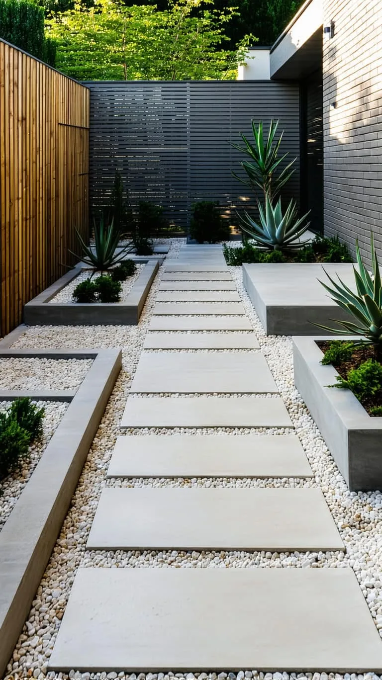geometric gravel pathways with oversized pavers and sculptural plants 1