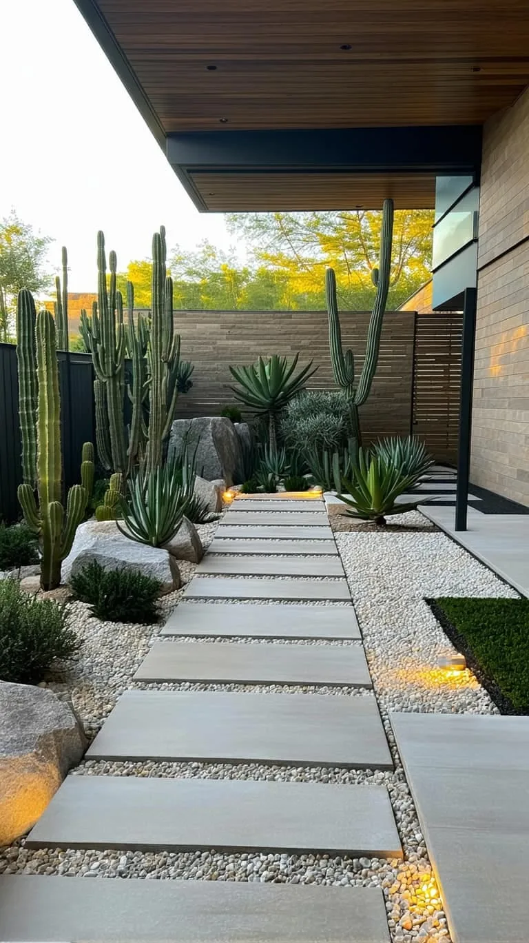 geometric gravel pathways with oversized pavers and sculptural plants 1