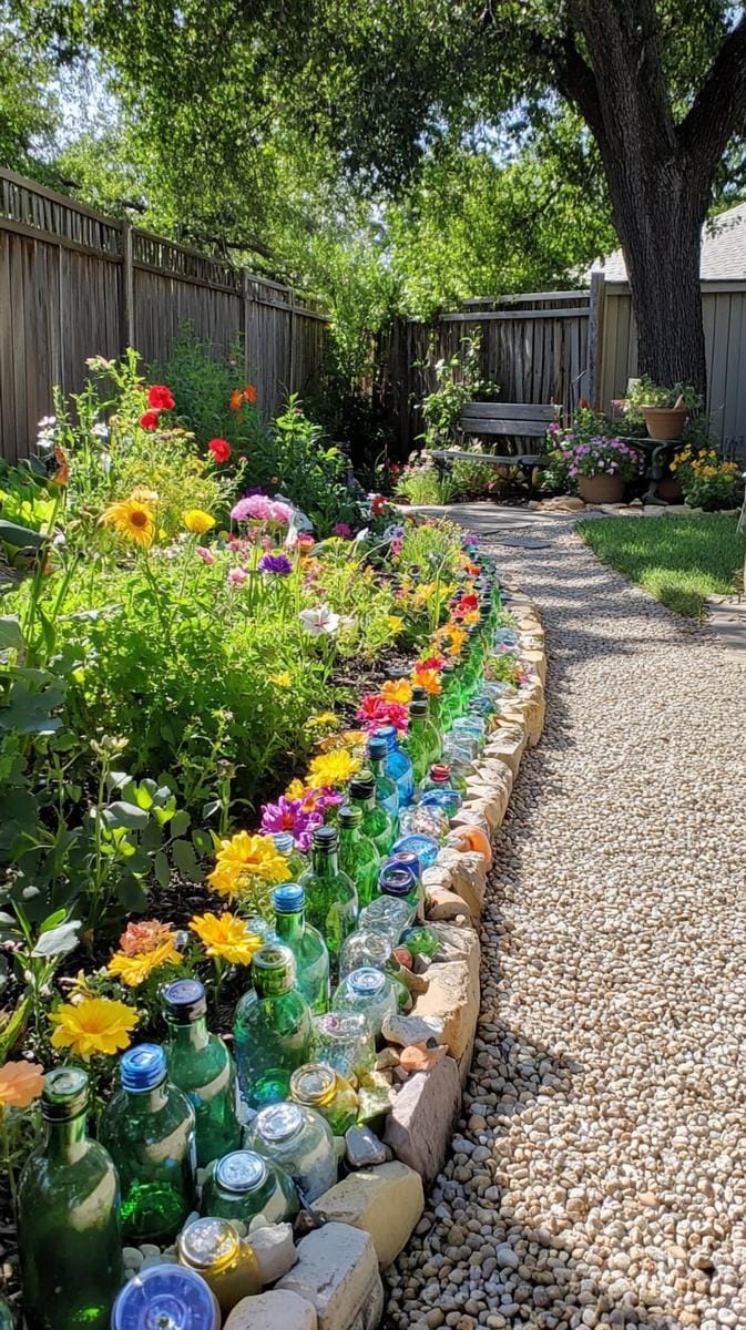 glass bottle border edging for flower beds 1