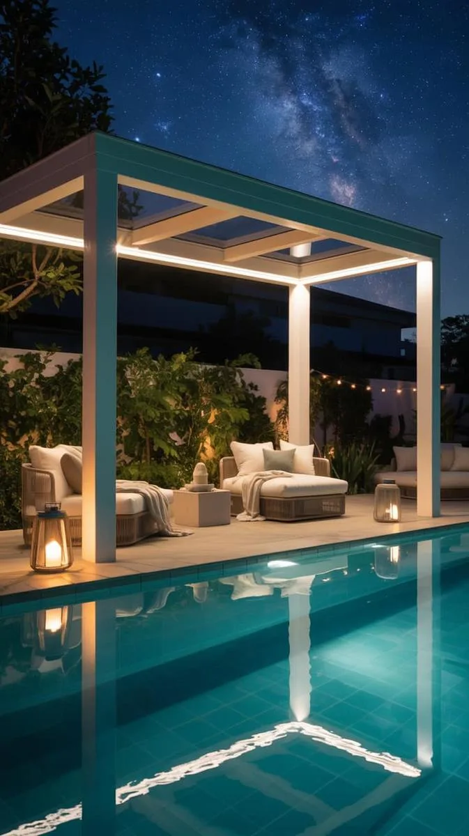 glass-roof pergola for stargazing by the pool at night 1 glass-roof pergola for stargazing by the pool at night 1