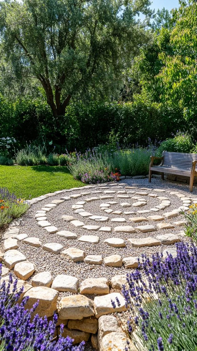 gravel labyrinth for mindful walking, edged with lavender and sage 1