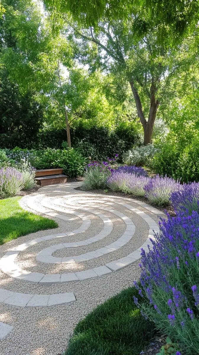 gravel labyrinth for mindful walking, edged with lavender and sage 1