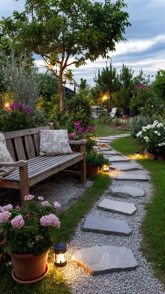 15 Smaller Backyard Landscaping Ideas That Maximize Space & Style 3 gravel path with solar-lit stepping stones 1