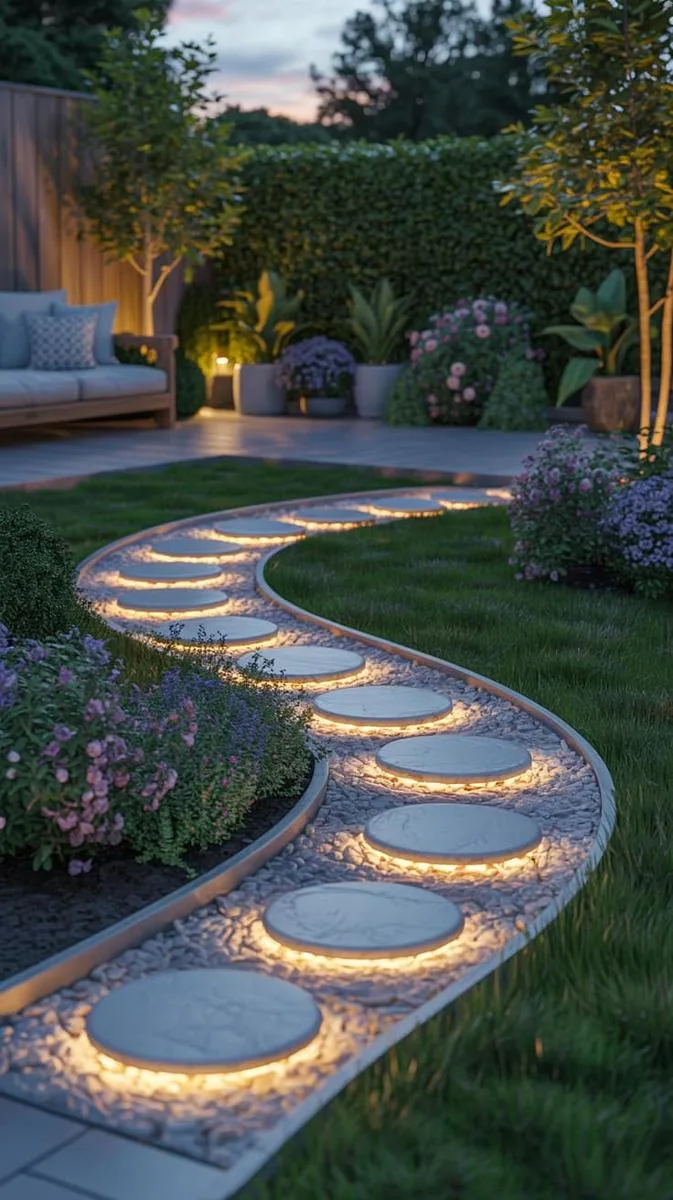 15 Smaller Backyard Landscaping Ideas That Maximize Space & Style 5 gravel path with solar-lit stepping stones 1