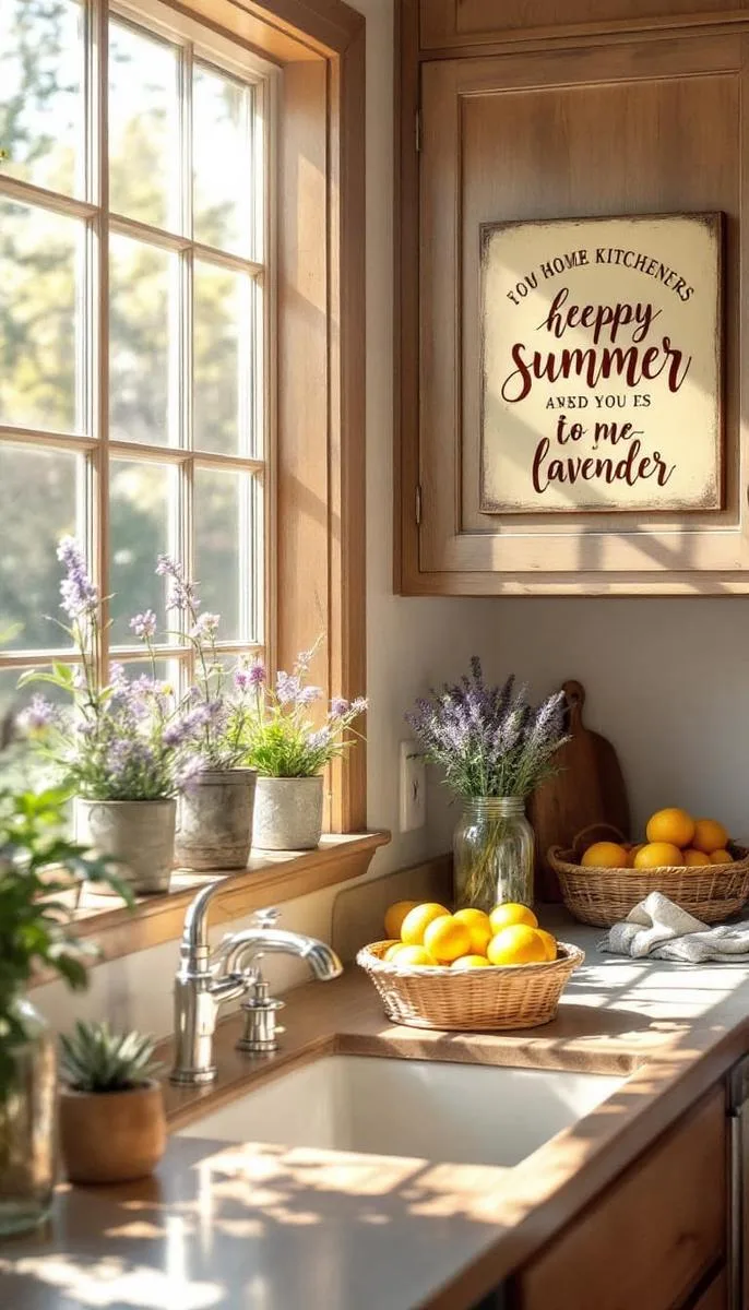 27 Dreamy Farmhouse Summer Decor Inspirations to Refresh Your Space 21 hand-painted wooden signs with summer quotes above farmhouse kitchen cabinets 1