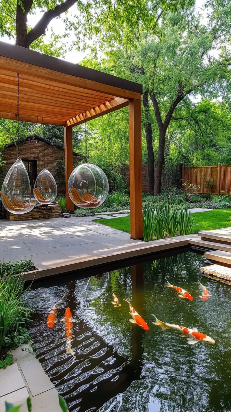 hanging bubble chairs overlooking a reflective koi pond 1