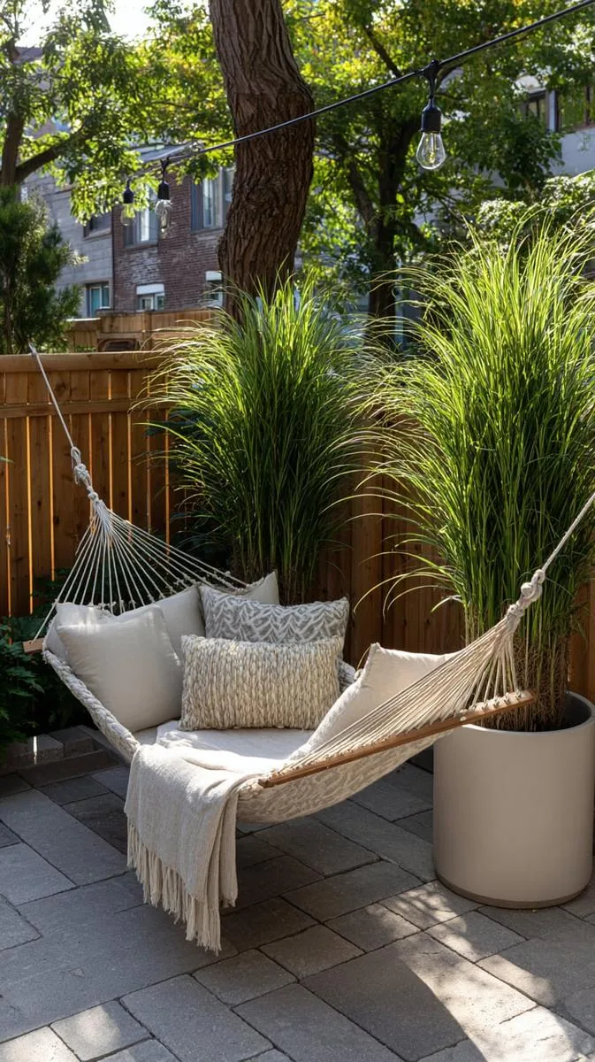 hanging hammock hair framed by tall potted grasses 1