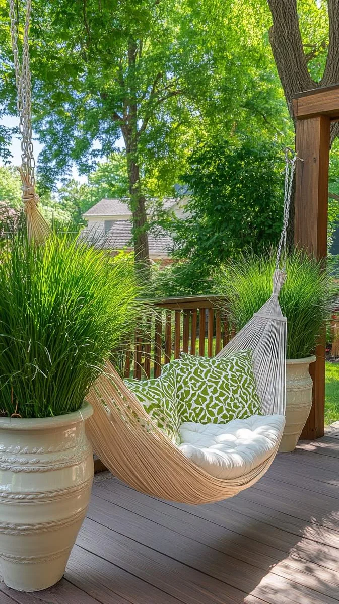 hanging hammock hair framed by tall potted grasses 1