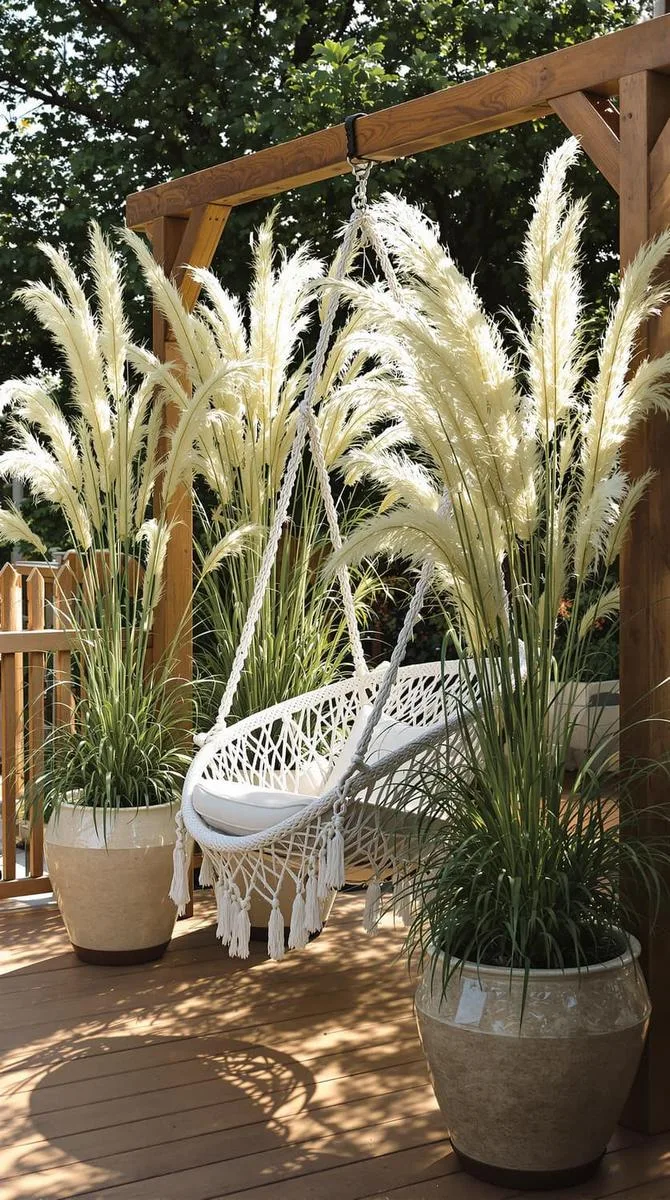 hanging hammock hair framed by tall potted grasses 1