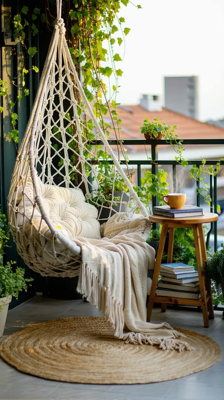 hanging macramé chair for a cozy reading nook on your small balcony 1