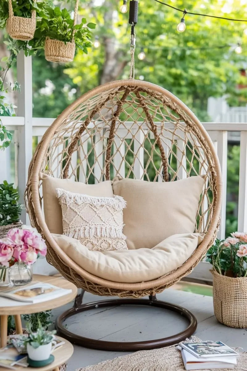 hanging macramé chair for a cozy reading nook on your small balcony 1