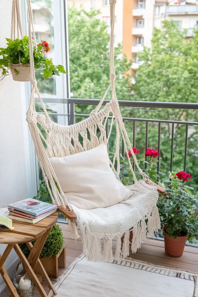 hanging macramé chair for a cozy reading nook on your small balcony 1