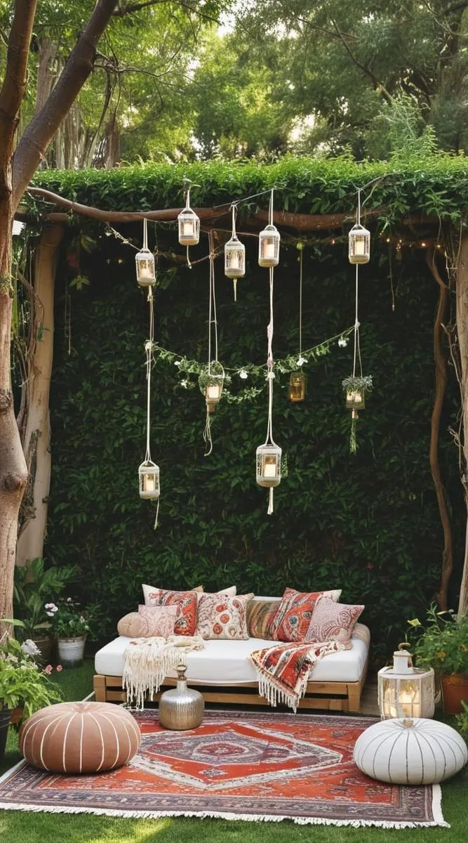 hanging macramé planters and colorful outdoor poufs for a boho retreat 1